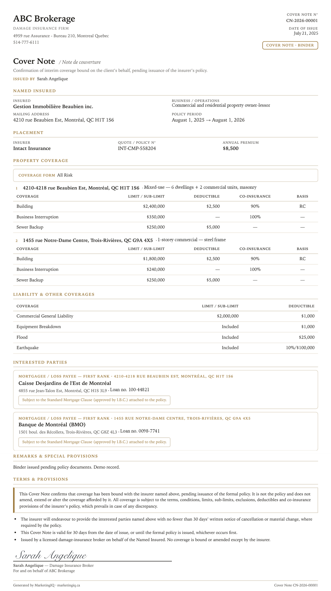 Cover note — bound to issued in seconds